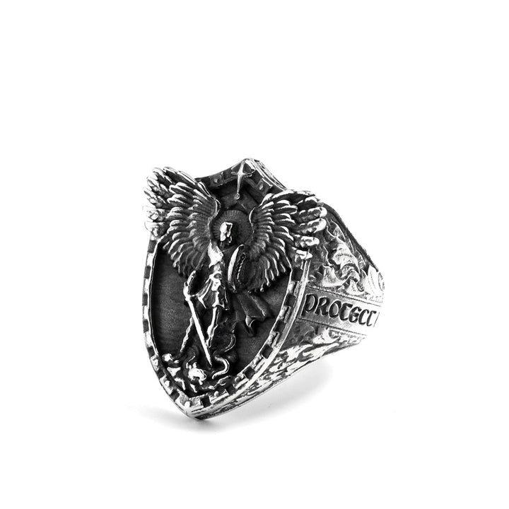 S925 Silver Archangel Shield Relief Men Ring, Vintage Heavy‑Craft Guardian Wide Band Ring