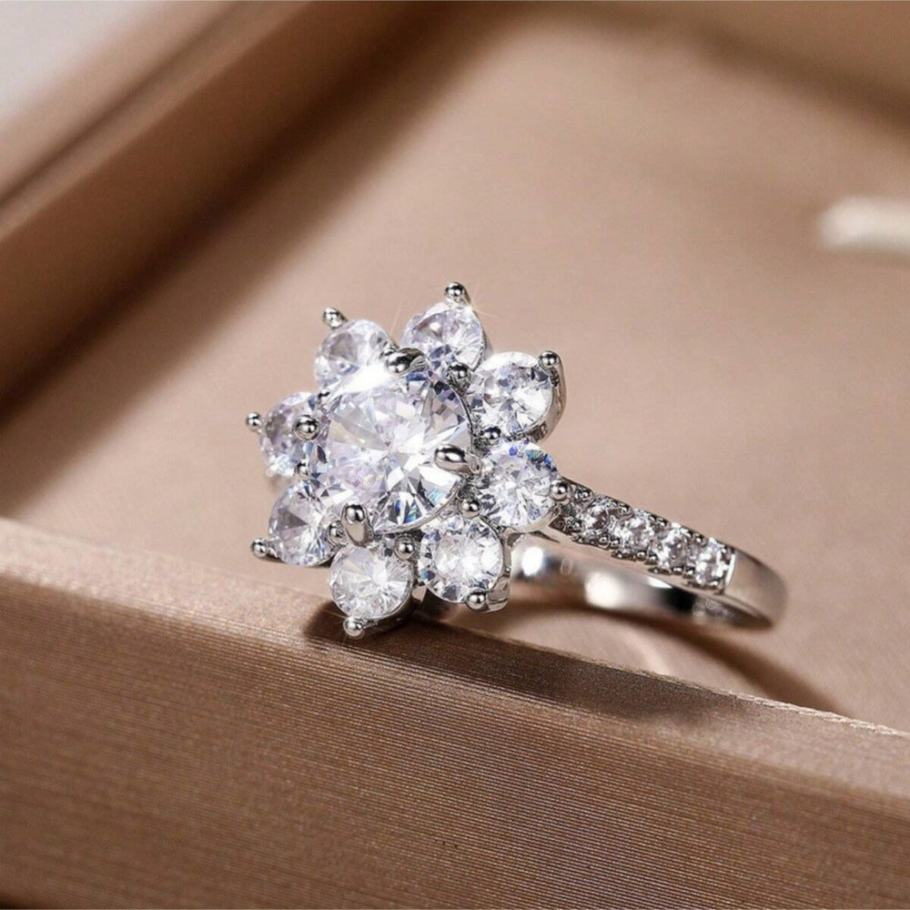 S925 Silver Sunflower Halo Diamond Ring, Luxury Pave‑Shank Engagement Proposal Women Ring