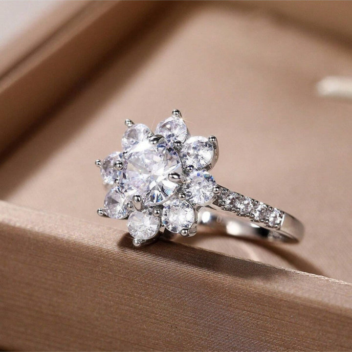 S925 Silver Sunflower Halo Diamond Ring, Luxury Pave‑Shank Engagement Proposal Women Ring