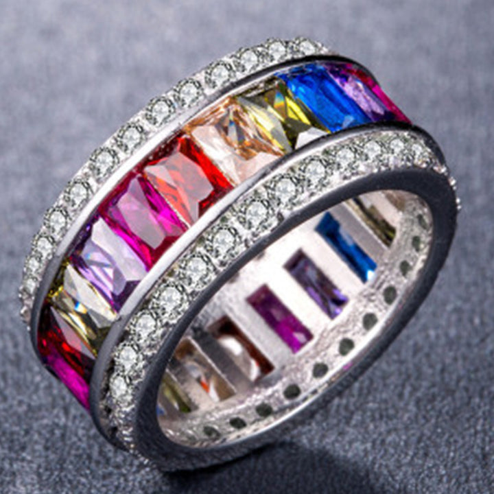 Double Layer Full Eternity S925 Silver Ring, Wide Band with Colorful / Clear Baguette Diamonds, Luxury Banquet Stackable Ring