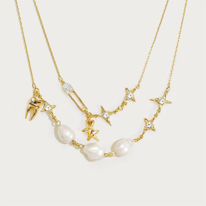 Baroque Pearl Star Tooth Safety Pin Charm Necklace, Niche Mixed Multi-Charm Collarbone Chain, Gold & Silver Two-Tone Sweet Cool Jewelry