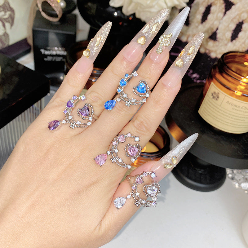 Moon‑Star Heart Teardrop Dangling Open Ring, Multi‑Color Options