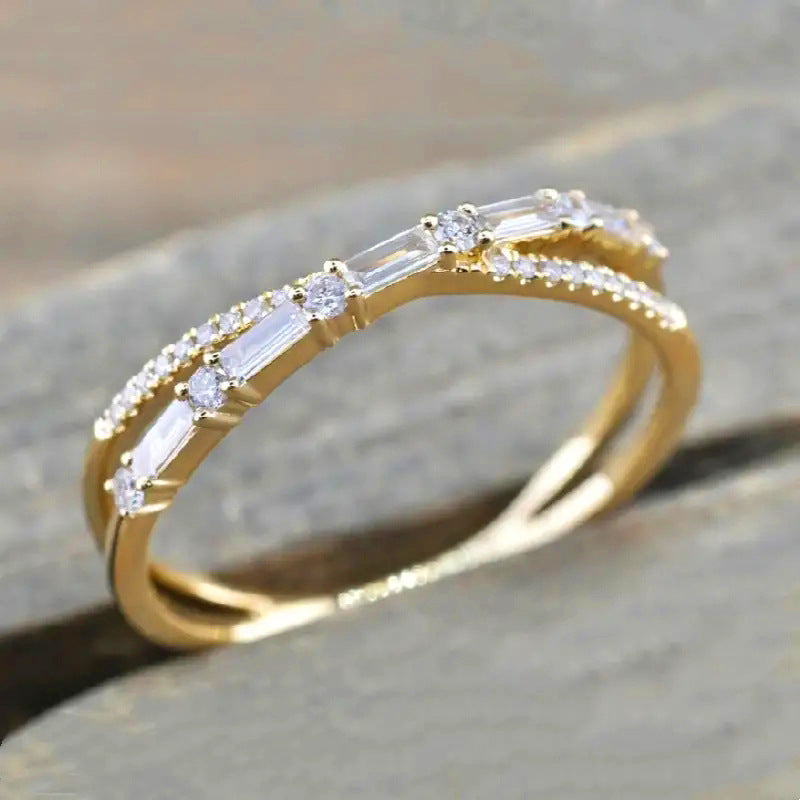 Twisted Baguette Diamond Thin Ring, Minimalist Stackable Paved Band, Gold Silver Black Three Tones Available