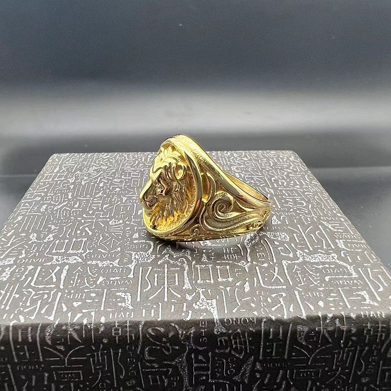 Vintage Embossed Lion Head Titanium Steel Wide Ring, Scroll Pattern Antique Bold Lion Statement Band for Men