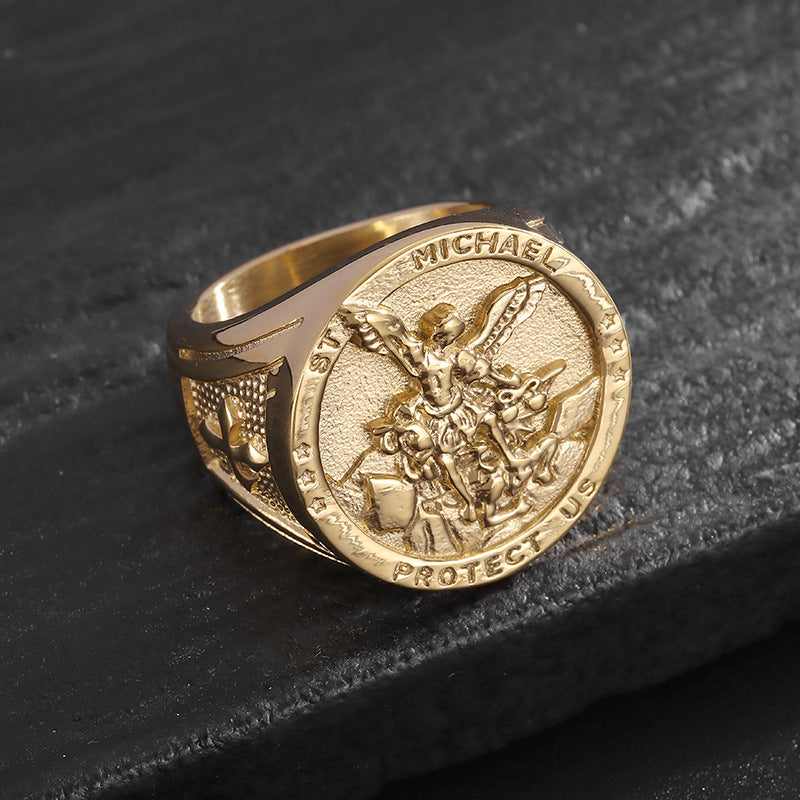 St. Michael Archangel Dragon Slayer Embossed Round Signet Ring, S925 Silver Silver & Gold Two-Tone Vintage Religious Men’s Band