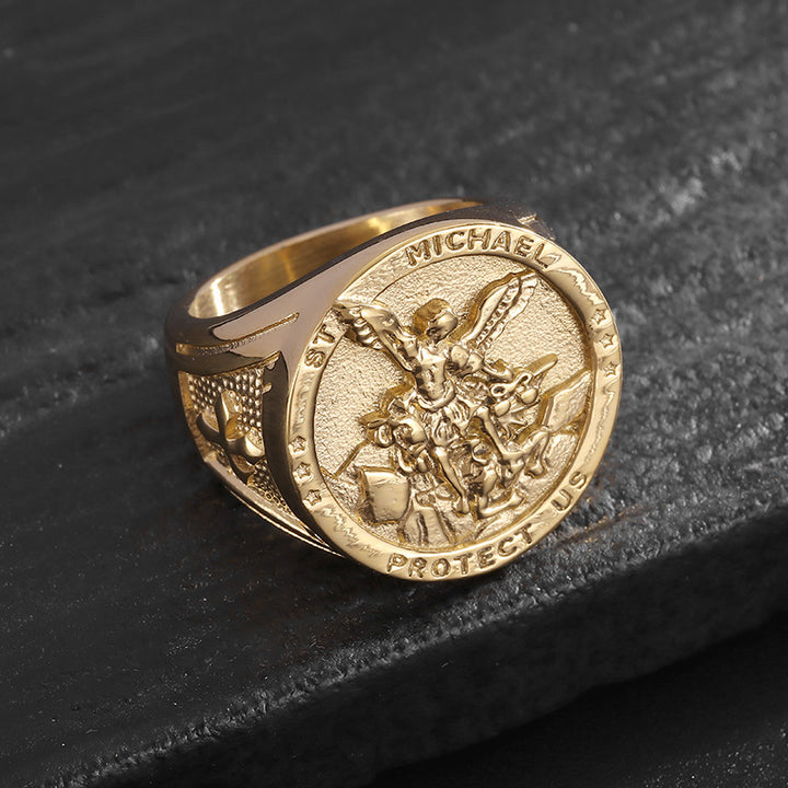 St. Michael Archangel Dragon Slayer Embossed Round Signet Ring, S925 Silver Silver & Gold Two-Tone Vintage Religious Men’s Band