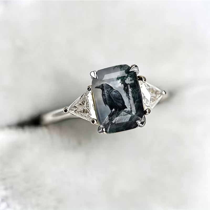 Rectangle‑Shape Crow Printed Ring, Two‑Tone Options