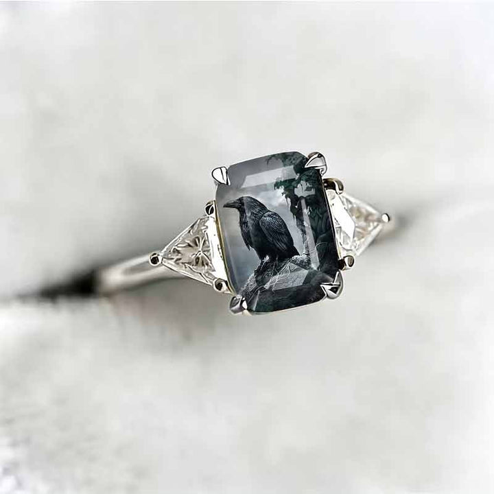 Rectangle‑Shape Crow Printed Ring, Two‑Tone Options