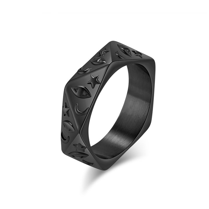 Polygonal 3D Sun Moon Star Embossed Ring, S925 Silver Gold / Silver / Black Trendy Unisex Band