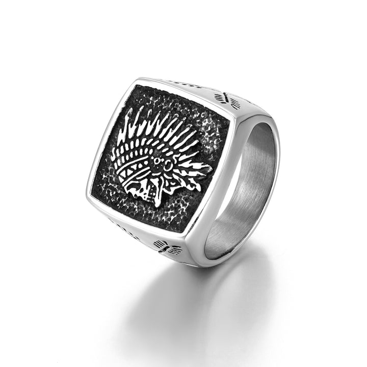 Native American Chief Skull Embossed Square Wide Ring, Solid S925 Silver Antiqued Tribal Heavy Men’s Band