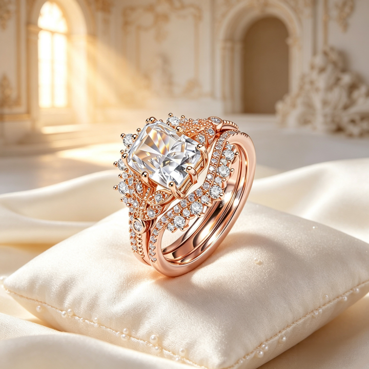Rose‑Gold Square‑Cut Stackable Engagement Ring Set