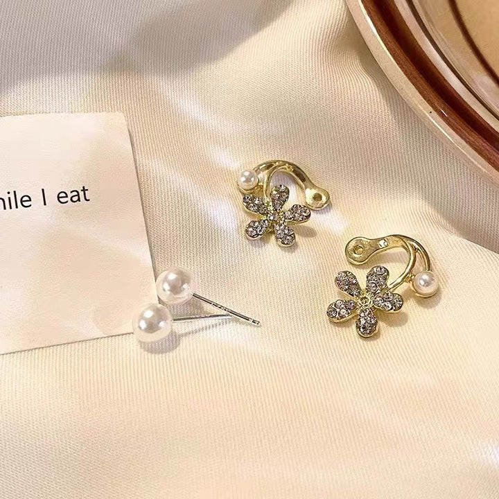Pavé Diamond Flower Pearl S925 Silver Stud Earrings, Unique Curved Double Pearl Floral Jewelry