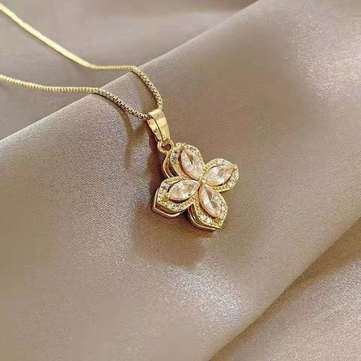 Double Layer Clover Marquise Diamond Jewelry Set, Necklace Earring Ring Luxury Gold Floral Jewelry 3Pcs Set