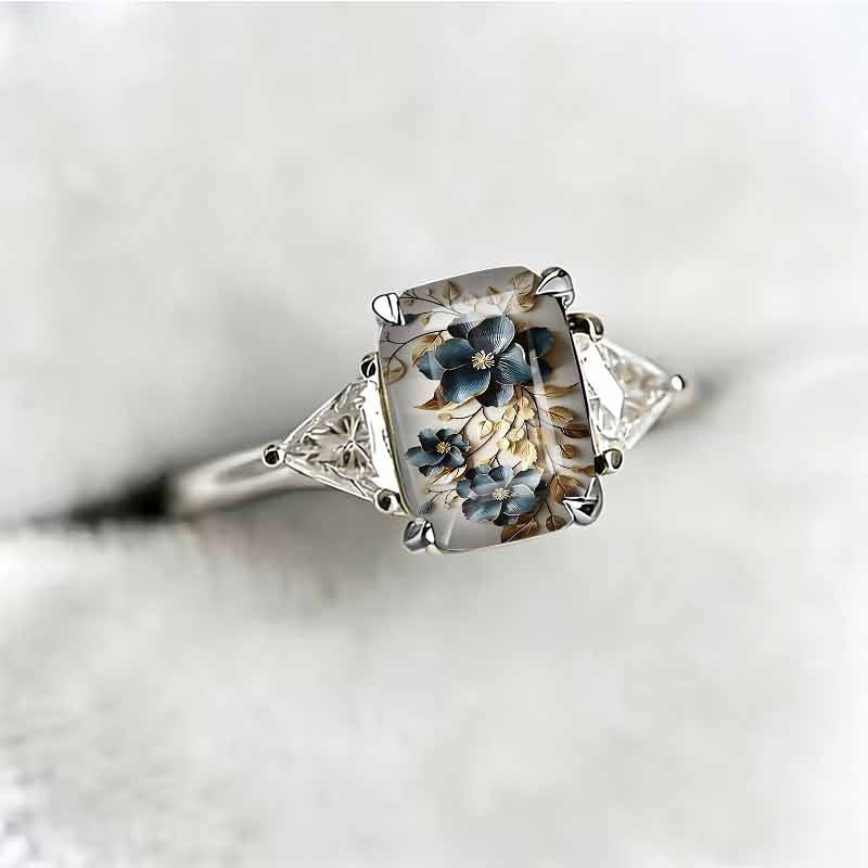 Rectangle‑Shape Blue Floral Printed Ring, Two‑Tone Options