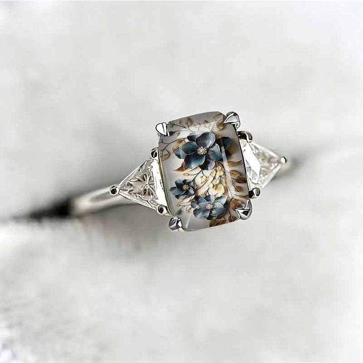 Rectangle‑Shape Blue Floral Printed Ring, Two‑Tone Options