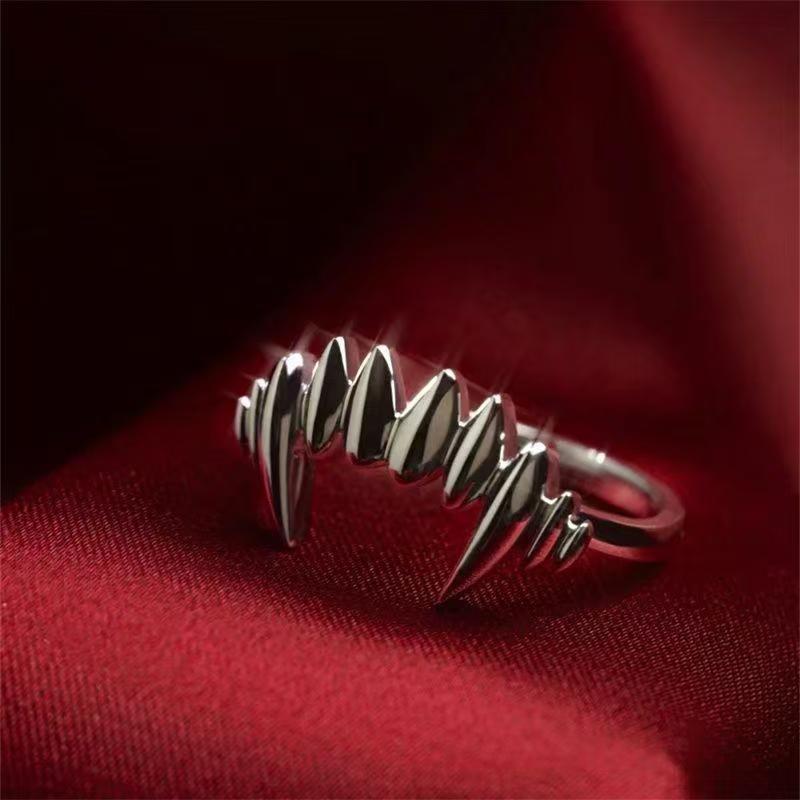 Vintage Vampire Fangs Open Ring, S925 Silver Dark Gothic Adjustable Unisex Band