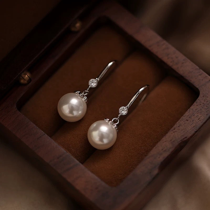 Minimalist Diamond Pearl Hook Earrings, Luxury Commuter Round Pearl Drop Earrings