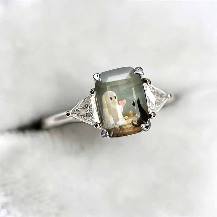 Ghost & Black Cat Square Printed Ring, Silver & Gold Two‑Tone Options