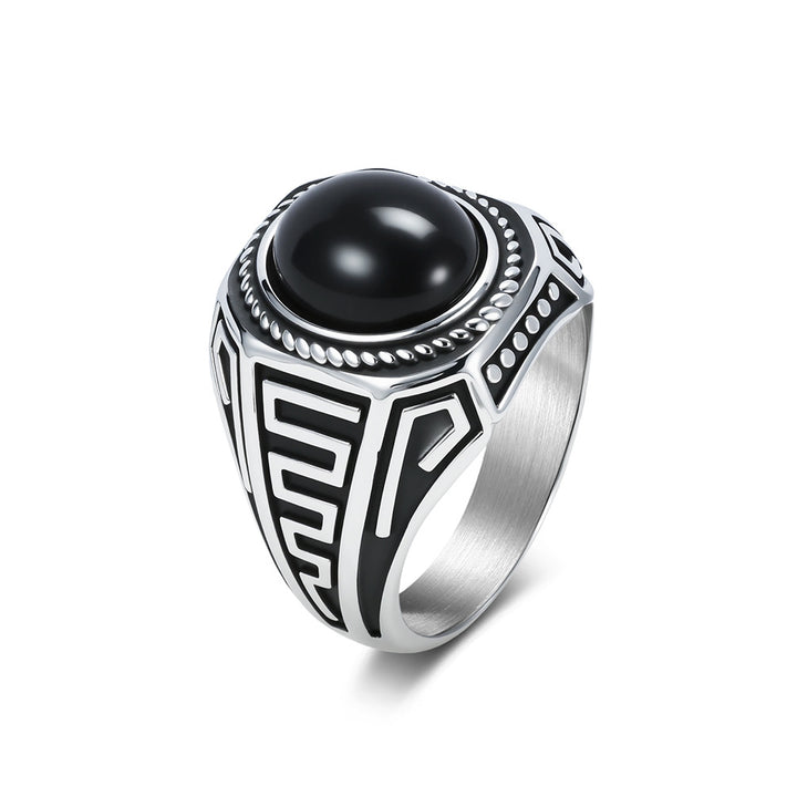 Vintage Meander Pattern Oval Black Onyx Wide Signet Ring, S925 Silver Silver & Matte Black Two-Tone Ethnic Men’s Band