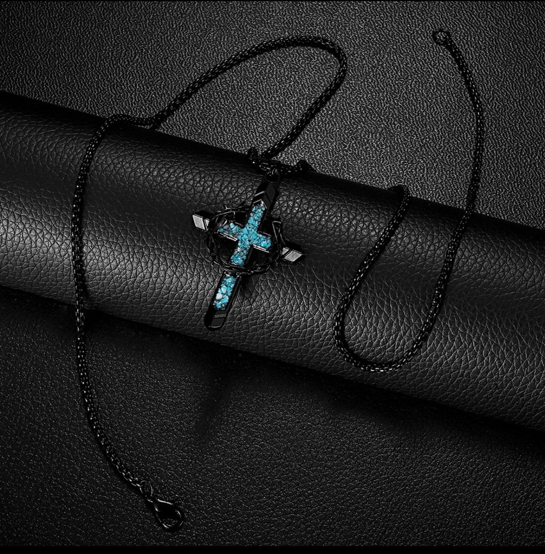 Thorn Wrapped Turquoise Chip Cross Necklace, Gold & Silver Vintage Punk Necklace for Men