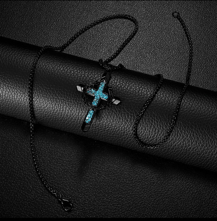 Thorn Wrapped Turquoise Chip Cross Necklace, Gold & Silver Vintage Punk Necklace for Men