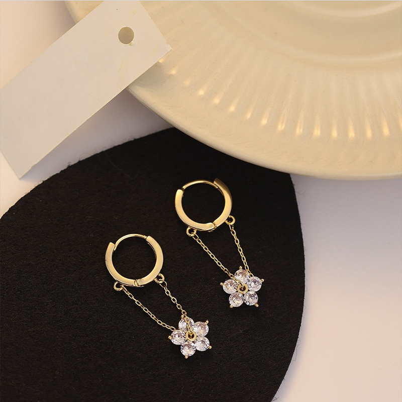 Diamond Flower Drop Huggie Hoop Earrings (2 Colors Delicate Dangle Earrings)