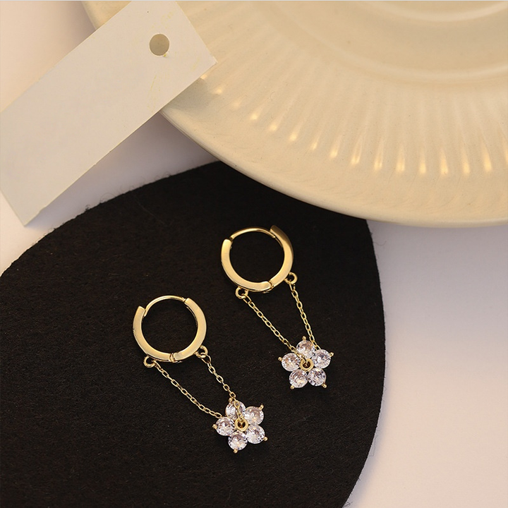 Diamond Flower Drop Huggie Hoop Earrings (2 Colors Delicate Dangle Earrings)