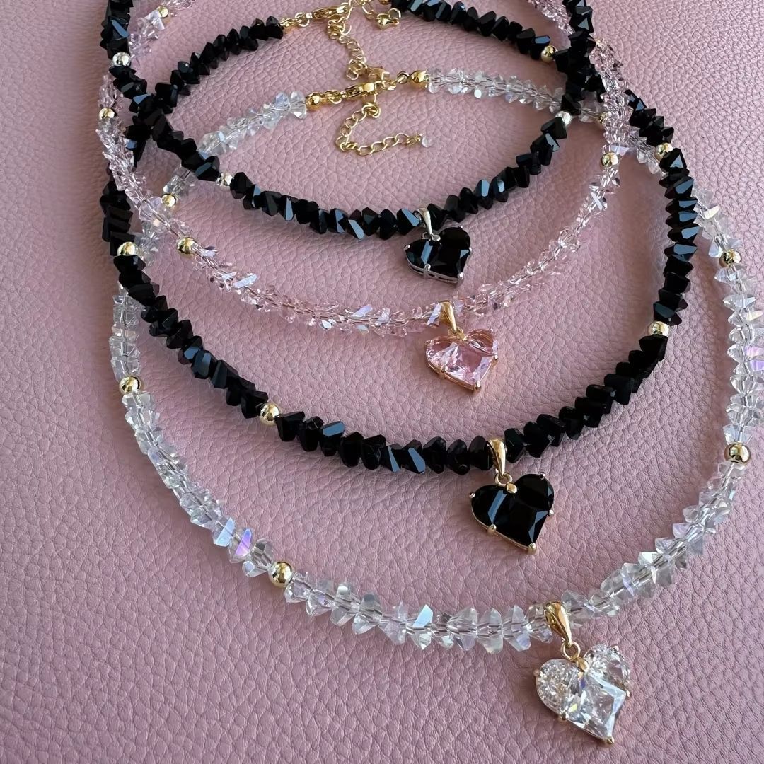 Faceted Diamond Cross & Heart Diamond Choker, Colorful Y2K Sweet Cool Collarbone Necklace