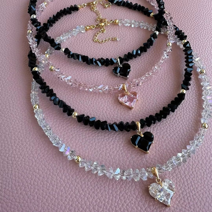 Faceted Diamond Cross & Heart Diamond Choker, Colorful Y2K Sweet Cool Collarbone Necklace