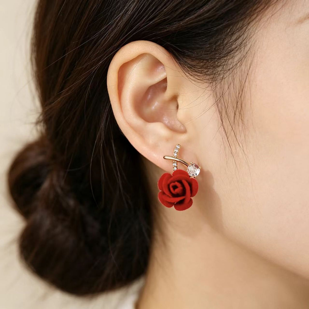 Flocking Rose Pearl Hook Earrings, Gentle Red & Pink Rose Diamond Long Dangle Earrings, Two Colors Available