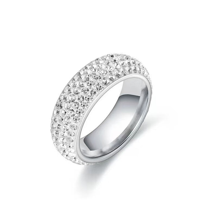 3-Row Paved Diamond Dome S925 Silver Ring, Two-Tone Full Diamond Wide Band