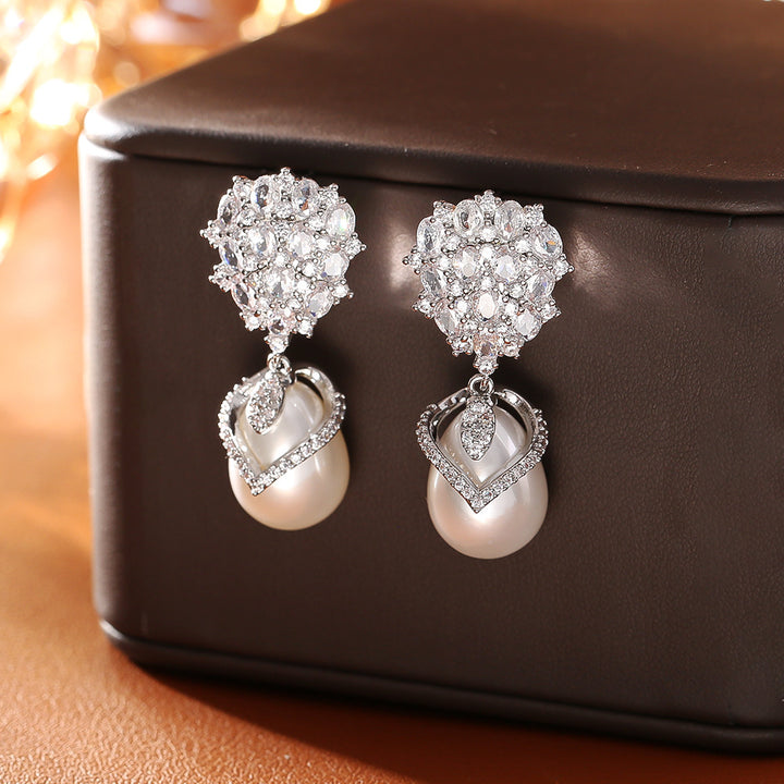 Double Layer Diamond Teardrop Pearl Drop Earrings, Vintage Glam Banquet Long Pearl Earrings, Silver & Gold Two Tones Available