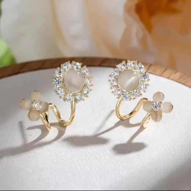 W-shaped Curve Cat's Eye Flower S925 Silver Stud Earrings, Minimalist Inlaid Diamond Dual Floral Earrings