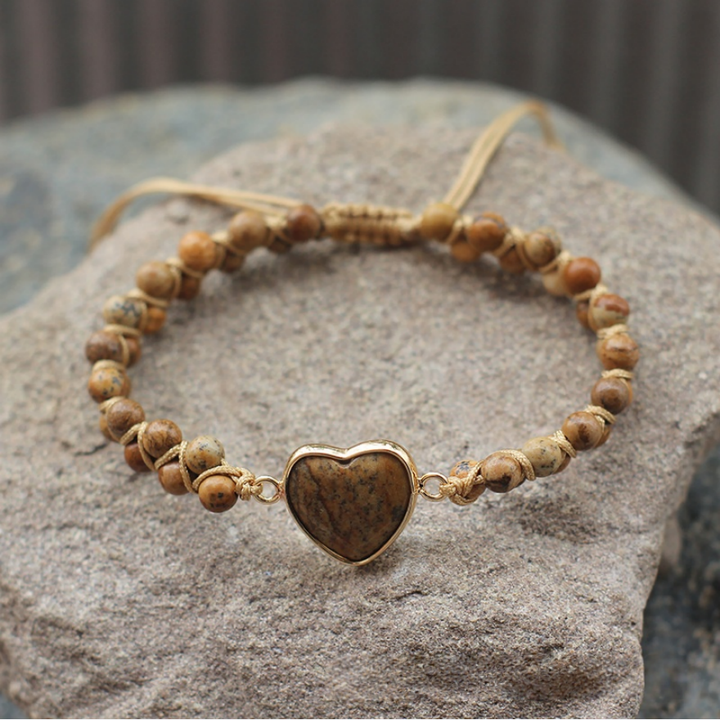 Heart Natural Stone Woven Adjustable Bracelet, Multi‑Color Boho Beaded Bracelet