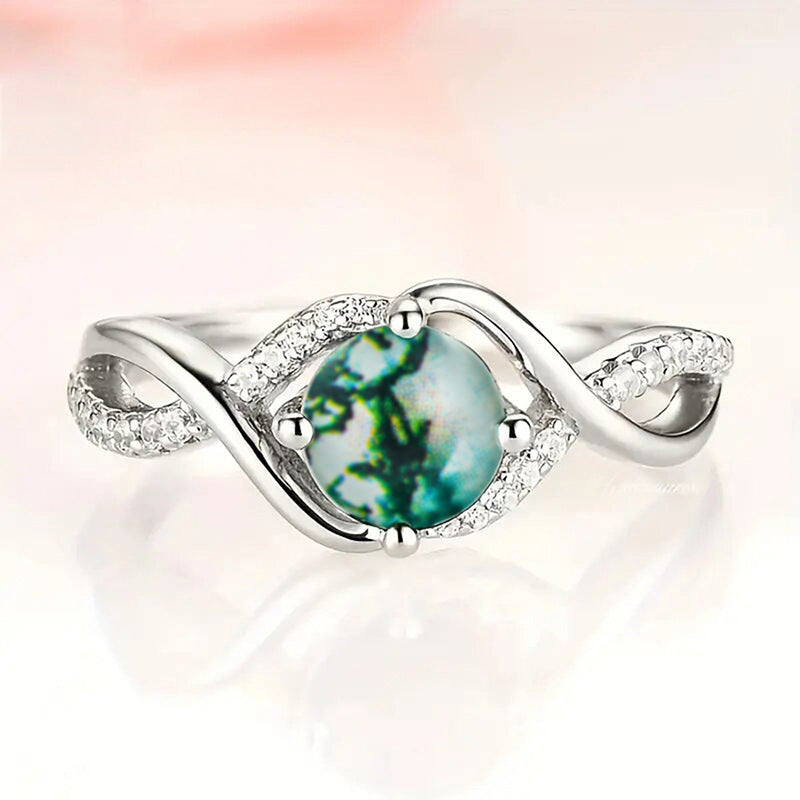 Twisted Shank Moss Agate Ring, Forest Style Paved Diamond Silver Delicate Band for Women