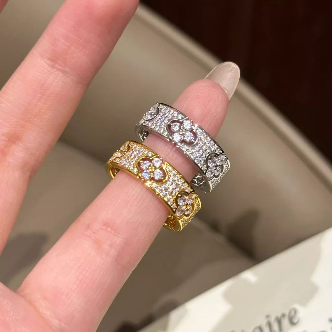 Vintage Paved Diamond Spliced Open Wide Ring, Gold & Silver Luxury Carved Adjustable Band for Women