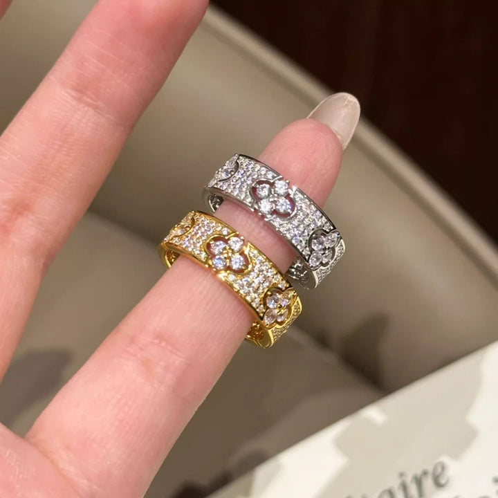 Vintage Paved Diamond Spliced Open Wide Ring, Gold & Silver Luxury Carved Adjustable Band for Women