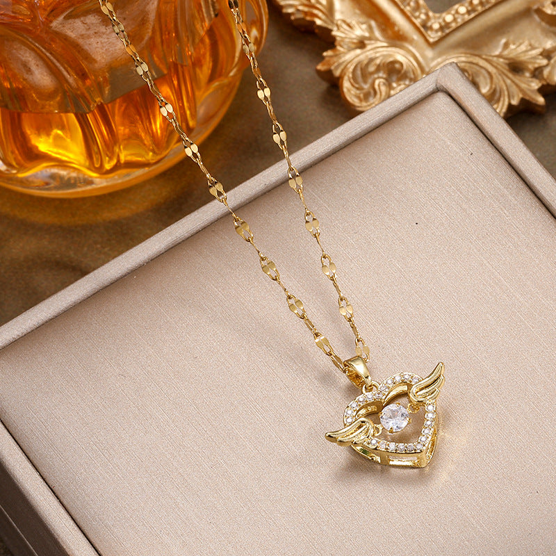 Angel Wing Heart S925 Silver Necklace, Gold Silver Rose Gold Three-Tone Hollow Heart Pendant Choker, Romantic Diamond Ladies Necklace