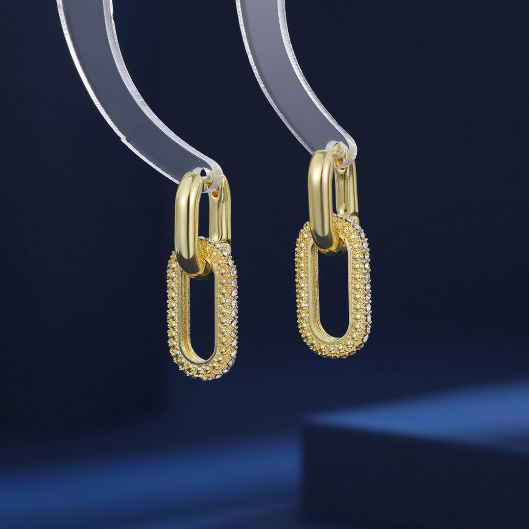 Double Link Paved Diamond Chain Huggie Earrings, Luxury Geometric Long Hollow Earrings, Gold & Silver Two Tones Available