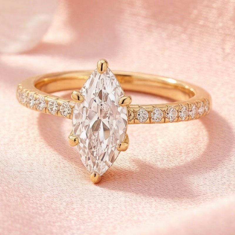 Marquise Cut Six-Prong Paved Thin Shank Ring, Gold & Silver Elegant Engagement Band for Women