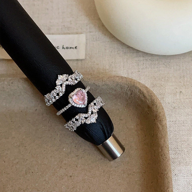 Pink Heart Diamond Floral Cluster Statement Ring (Luxury Girlish Band)