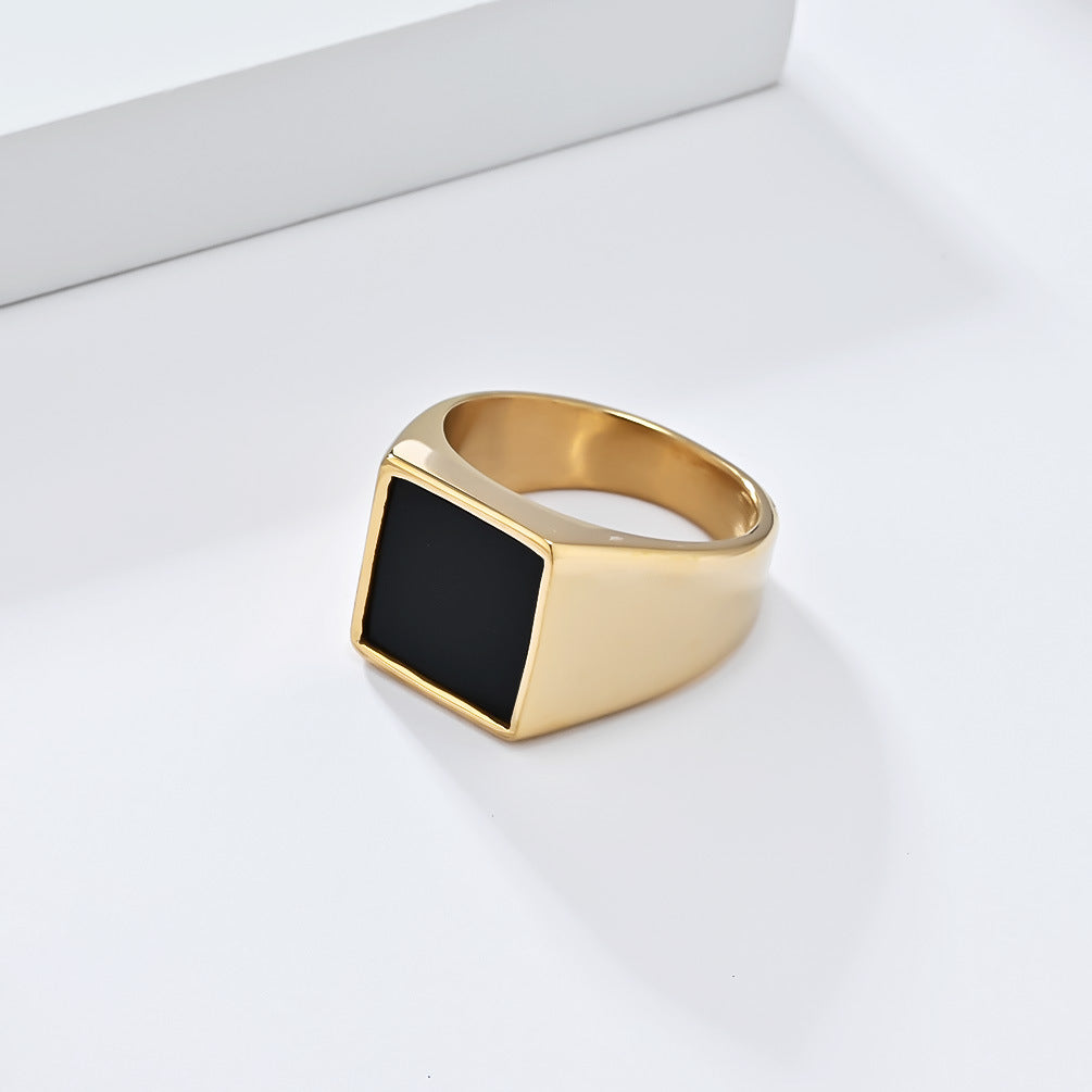 Minimalist Square‑Black‑Face Men’s Wide Signet Ring, 3‑Color Options