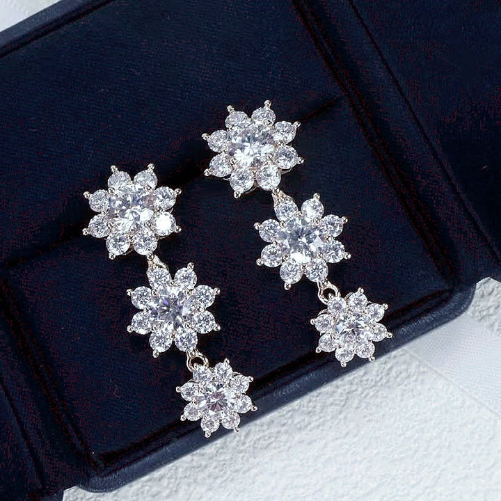 Three-Tier Snowflake Cluster Diamond Long S925 Silver Dangle Earrings, Gorgeous Full Stone Drop Earrings for Banquet
