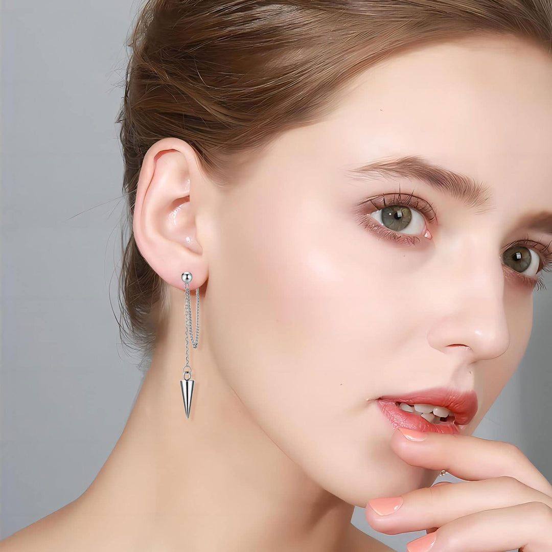 Double Chain Cone Spike Long Stud Earrings, Punk Taper Tassel Jewelry Gold Silver Black S925 Silver Dangles