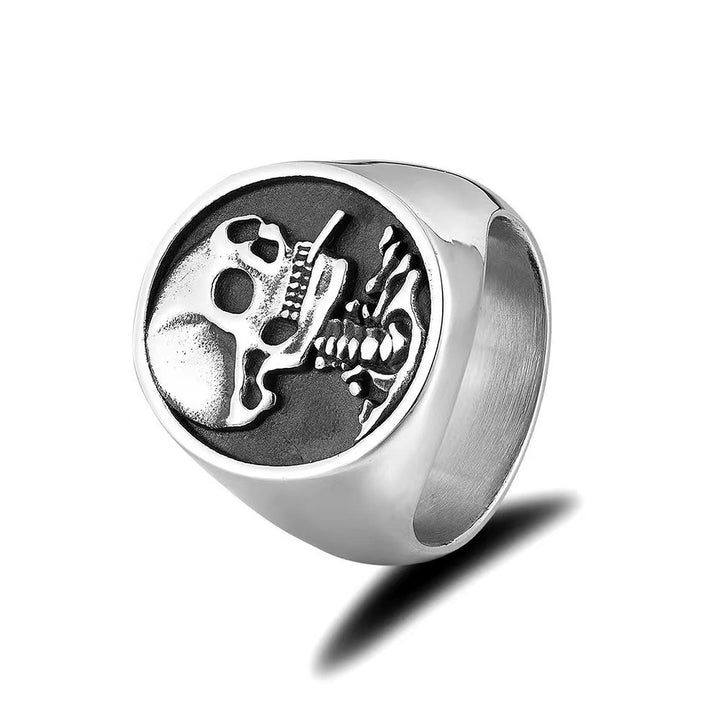 Vintage Embossed Skull & Dagger Round Signet Ring, S925 Silver Antiqued Dark Punk Wide Band For Men