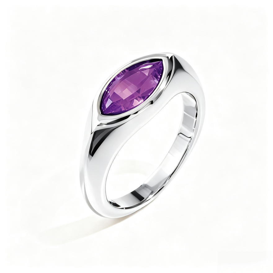 Marquise‑Cut Colored Gemstone Bezel‑Set Wide‑Band Gold‑Plated S925 Sterling Silver Ring, Multi‑Colors Available