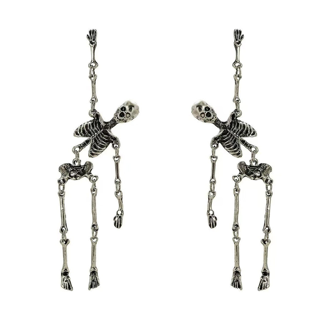 Vintage Antiqued Skeleton Stud Earrings With Heart, Gothic Long S925 Silver Unique Earrings