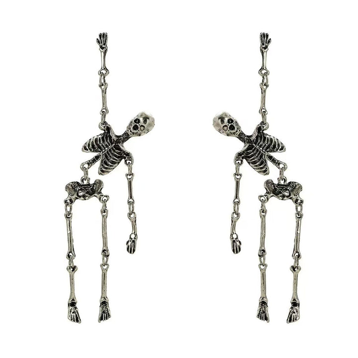 Vintage Antiqued Skeleton Stud Earrings With Heart, Gothic Long S925 Silver Unique Earrings