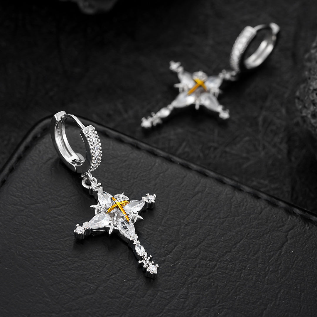 Two-Tone Four-Pointed Star Long Drop Hoop Earrings, Vintage Luxury Full Paved Diamond Star Dangle Earrings