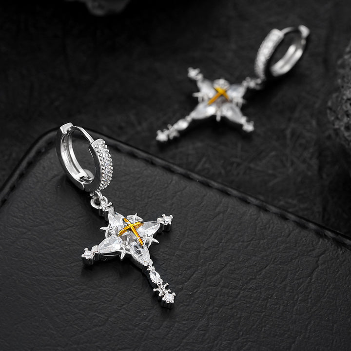 Two-Tone Four-Pointed Star Long Drop Hoop Earrings, Vintage Luxury Full Paved Diamond Star Dangle Earrings